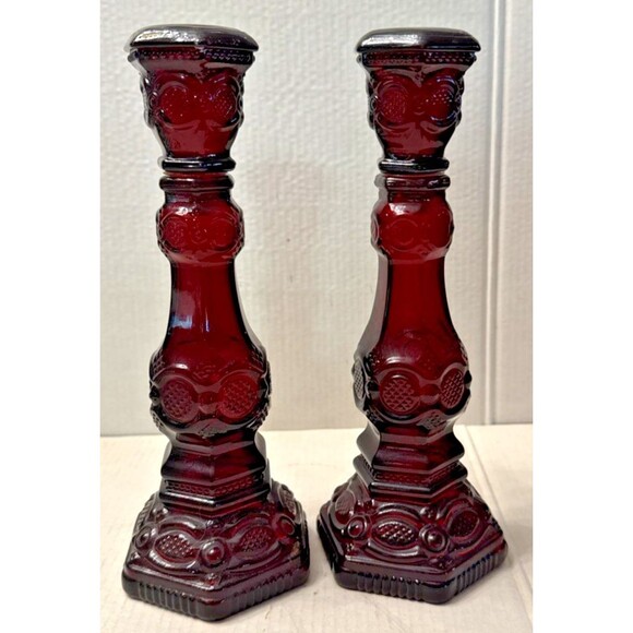 Pair Avon "1876 Cape Cod" Cranberry Ruby Red Glass Candlesticks Vintage 8.75" - Picture 1 of 4